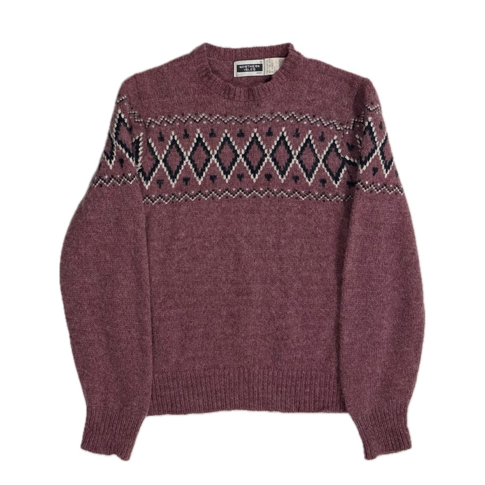 Vintage Northern Isles Wool burgundy fair isle argyle knit sweater mens small